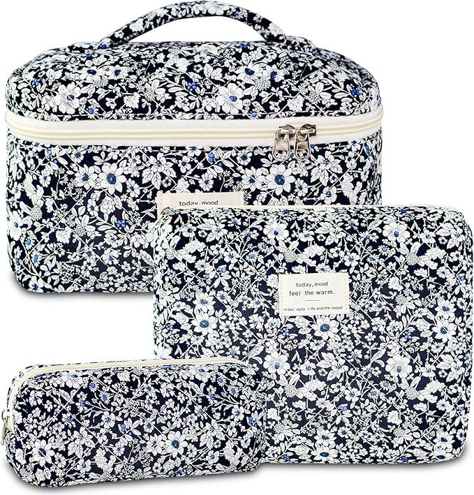 Makeup Bag, 3 PCS Quilted Makeup Bag, Cute Floral Cotton Cosmetic Bag set, Coquette Makeup Pouch Large Travel Toiletry Bag