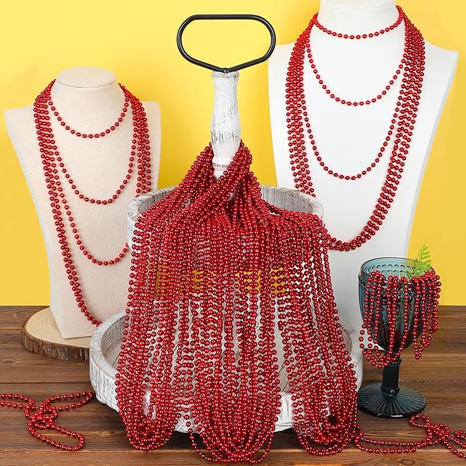 EOBOH 200PCS Bead Necklace, Red Christmas Bead Stuff Party Favors, 33" Red Necklaces Festival Parade Throw Accessories for Wedding Birthday Valentines Mardi Gras Christmas Celebrations Decorations