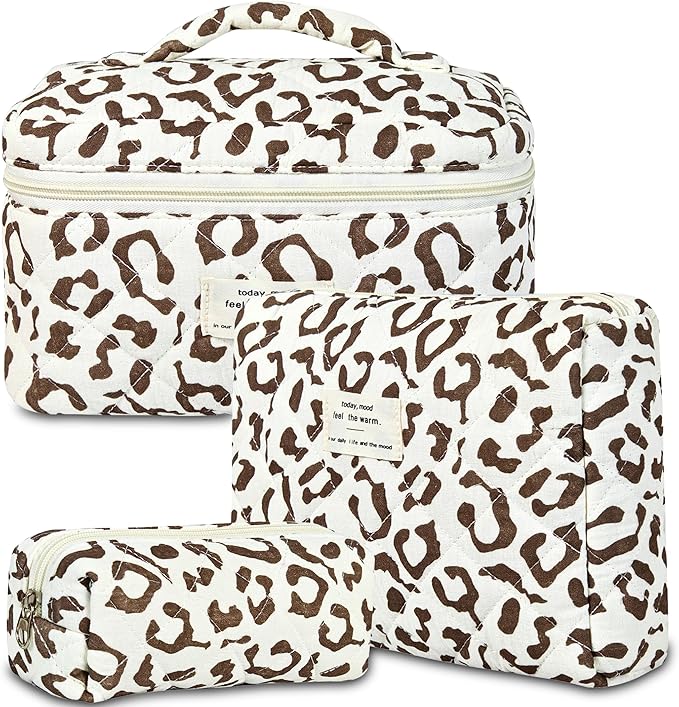 3Pcs Quilted Makeup Bag for Women, Large Travel Makeup Bag Set, Cute Aesthetic Cosmetic Bags, Floral Cotton Makeup Pouch Coquette Toiletry Organizer Bag
