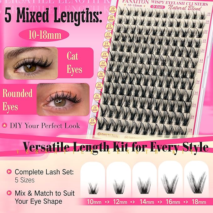 Lashes Clusters Kit Wispy Eye Lash Clusters Eyelash Extensions with Lash Brush Natural 168Pcs Individual Lashes 10-18mm DIY Lash Extension Soft Thin Band For Beginners (No Glue)
