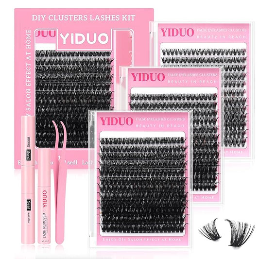 YIDUO 3 Styles Lashes Cluster Kit 720Pcs Eyelash Extensions Kit 40P+60P+80P 8-18mm D Curl Volume False Eyelashes DIY Individual Wispy Fake Eye Lashes Combo Packs with Bond&Seal |Tweezers | Removers