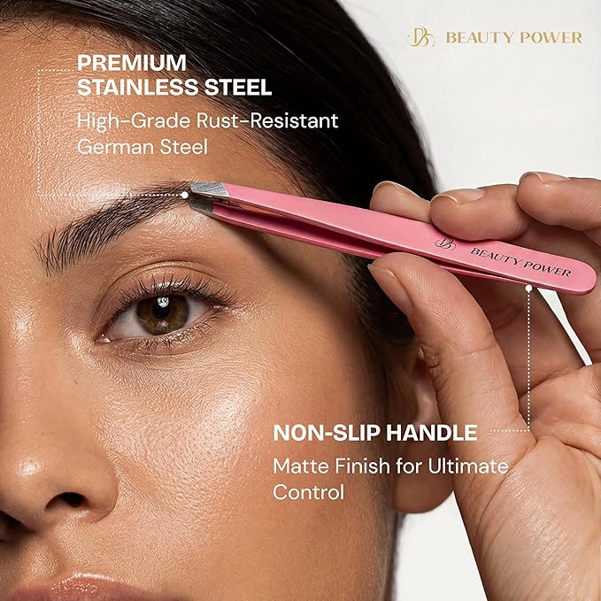Beauty Power Ultra-Precision Professional Slant Tweezers for Women Facial Hair - German Stainless Steel, Lightweight Black Tweezers for Women & Men, Ideal for Eyebrow & Facial Grooming (Pink)