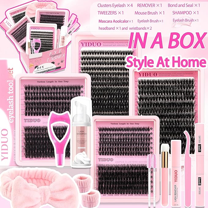 YIDUO 994Pcs Lashes Clusters Kit 60D/80D/100D Volume False Eyelash Extensions 10-20mm D Curl Wispy Individual Fake Eyelashes Kit, Volume Studio Effect with Bond&Seal|Tweezers|Removers|Cleanser