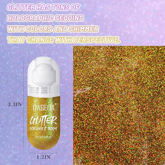 DAGEDA Body Glitter Gel, Roll-on Face Glitter for Mermaid Makeup Festival Rave Accessories, Holographic Hair Glitter Gel,Body Shimmer Halloween Makeup for Rave Party(Laser Gold)