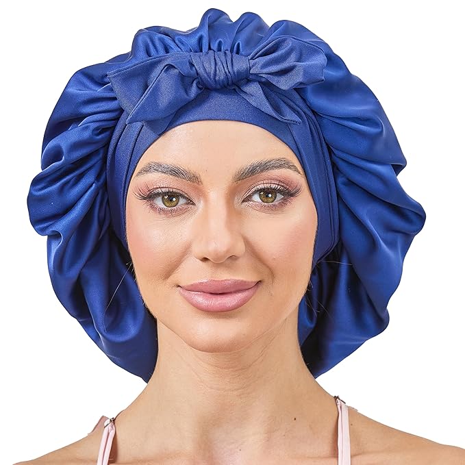 Silk Satin Bonnet for Sleeping Hair: Women Sleep Night Wrap Cap for Straight Wavy Curly Coily Kinky Natural Hair Head by Tie Band - Navy + Sky Blue