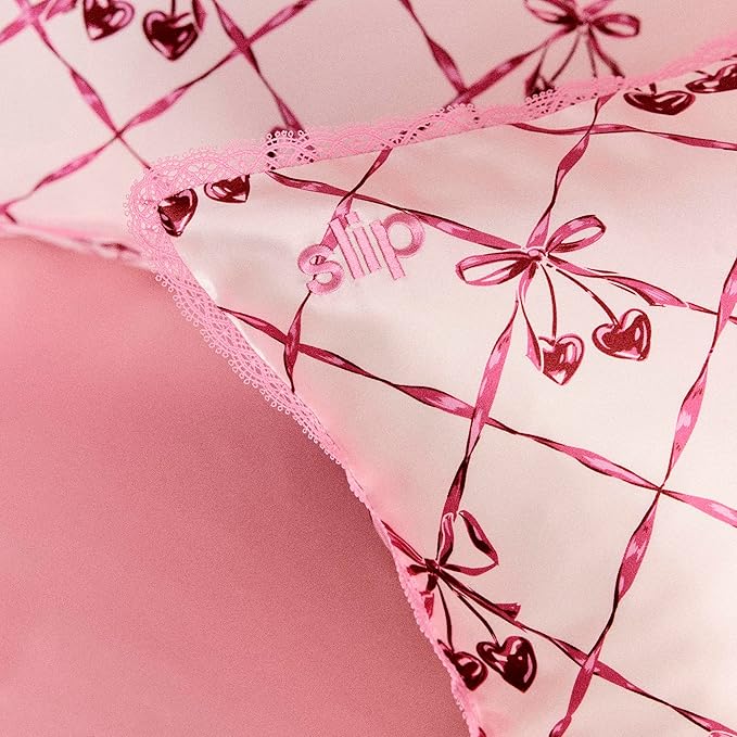 slip Queen Silk Pillowcase – Sweet Cherry Limited Edition with Lace Trim – 100% Pure Mulberry Slipsilk™ – Anti-Frizz, Anti-Crease, Anti-BedHead