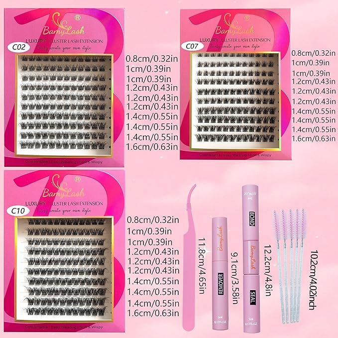 BamyLash DIY Cluster Lash Extension Kit, Professional Volume Eyelash Set, Black (C02+C07+C10 Lash Set)