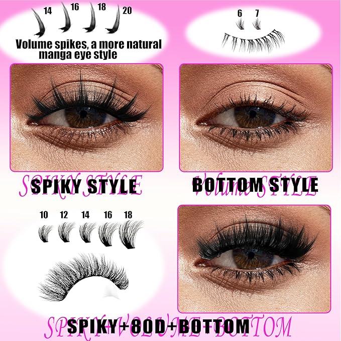 80D Volume Lash Clusters Kit with Long 14-16mm Lashes Spikes+Bottom Clusters Eyelash Extension Kit 280Pcs D-curly Wispy Individual Lash Extensions Kit DIY Spiky Lash Bond and Seal by YIDUO