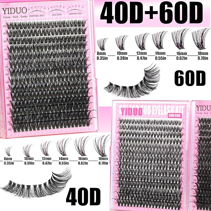 YIDUO 6 Styles Mix Lashes Clusters Kit 3 Box Cluster Lash Book Kit with 2X Bond&Seal 1520Pcs 100D/200D/300D Volume Individual Eyelash Extension Gift Packs for Beginners. DIY at Home Easily