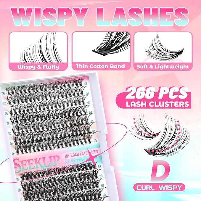 DIY Lash Extensions 266Pcs Lash Clusters Eyelash Extensions 9-16MM Mixed Wispy 30D 40D Natural Individual Lashes D Curl Thin Band Volume Cluster Lashes for DIY at Home (30D+40D,0.06D,9-16MM)