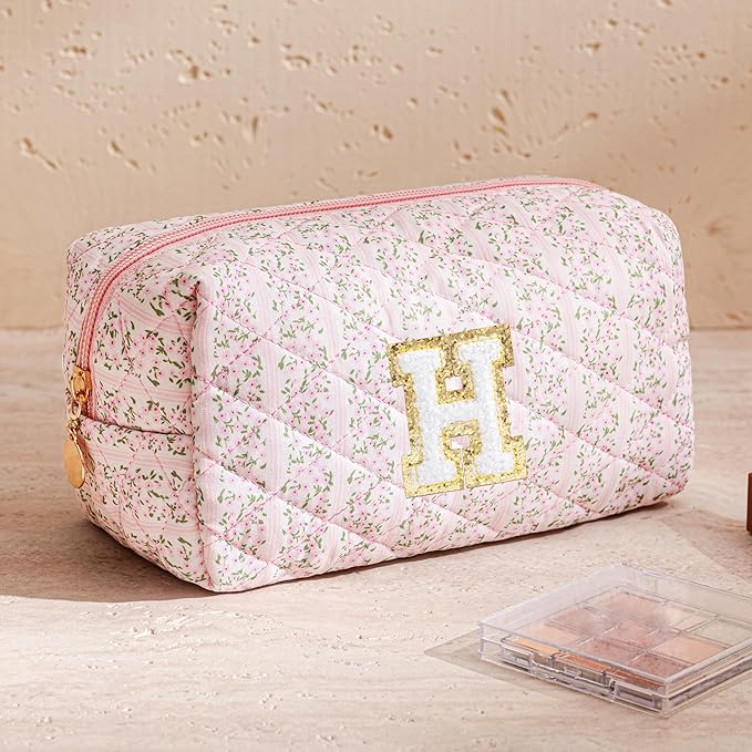 HBselect Initial Makeup Bag for Women, Pink Cosmetic Travel Toiletry Bag, Flowers Zipper Make Up Pouch Organizer Teen Girl Gifts Trendy Stuff H