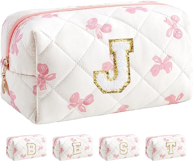 HBselect Initial Makeup Bag for Women, Pink Cosmetic Travel Toiletry Bag, Flowers Zipper Make Up Pouch Organizer Teen Girl Gifts Trendy Stuff J