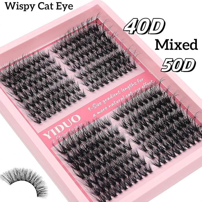YIDUO Lash Clusters Kit 40D+50D 10-16mm Cat Eye Eyelash Extensions Kit Volume Wispy C/D Curl Left & Right Individual DIY Lash Extension Kit with Glue |Tweezers |Removers |Eyelash & Eyebrow Brush