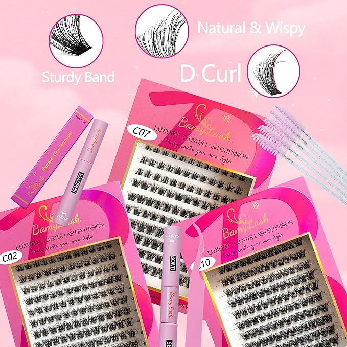 BamyLash DIY Cluster Lash Extension Kit, Professional Volume Eyelash Set, Black (C02+C07+C10 Lash Set)