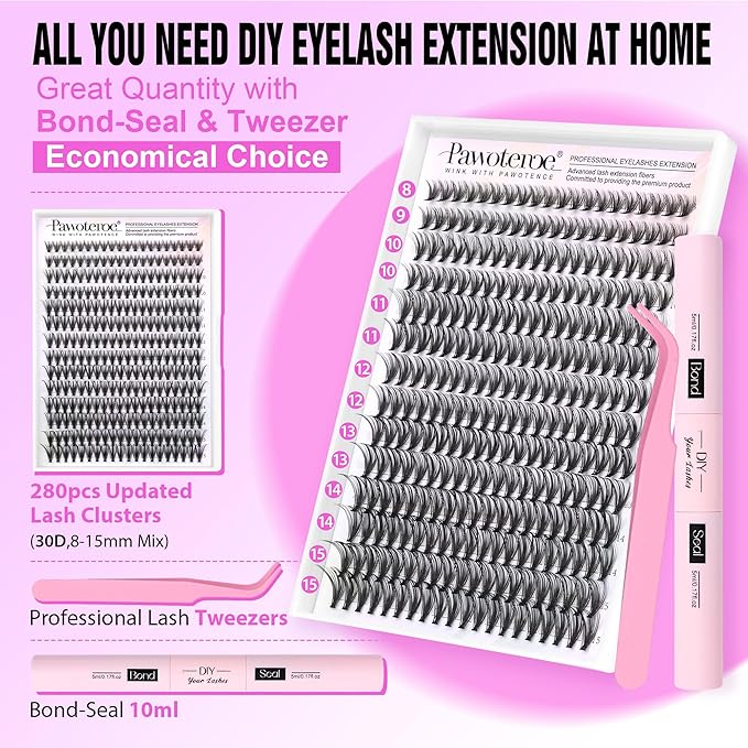 Pawotence Lash Extension Kit DIY 280pcs Individual Lash Clusters Kit 30D Natural 8-15mm Cluster Eyelash Extensions Kit with Lash Bond and Seal, Lash Tweezers for Self Use (30D, 0.07D, 8-15mm, Kit)