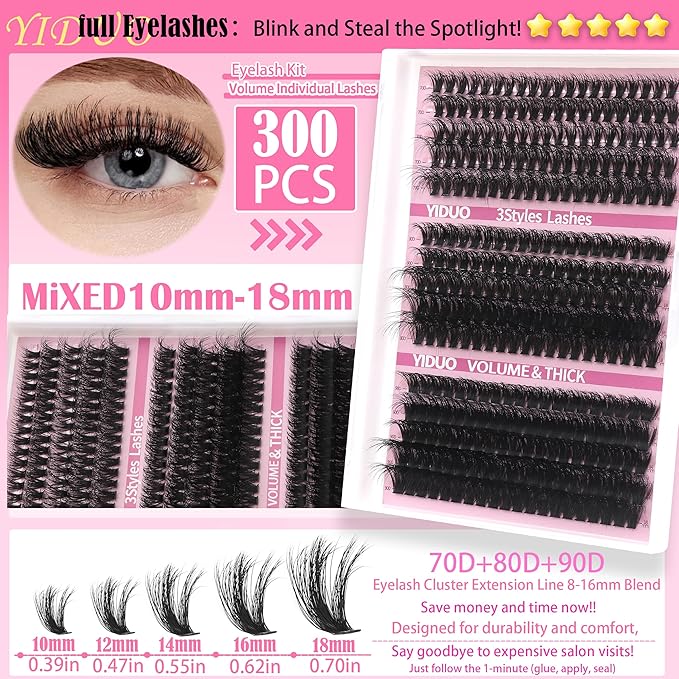 YlDUO Lashes Clusters Kit 7 style Mix Clusters Eyelashes Extensions 835Pcs C-Curl Volume Lashes Clusters Kit 9-18mm Wispy DIY Individual Fake Eyelash Extensions Kit DIY at Home Easily