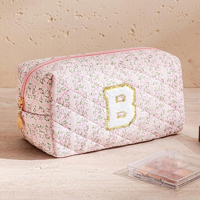 HBselect Initial Makeup Bag for Women, Pink Cosmetic Travel Toiletry Bag, Flowers Zipper Make Up Pouch Organizer Teen Girl Gifts Trendy Stuff B