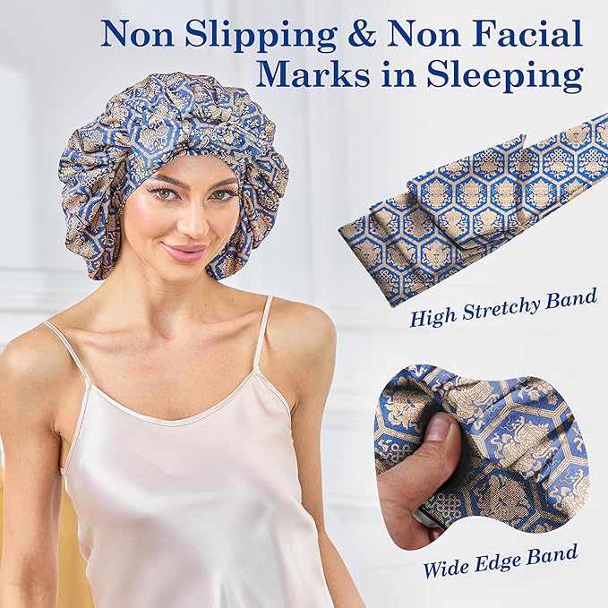 Silk Satin Bonnet for Sleeping Hair: Women Sleep Night Wrap Cap for Straight Wavy Curly Coily Kinky Natural Hair Head by Tie Band - Blue-Green & Gold Hexagon of Luck + Pink