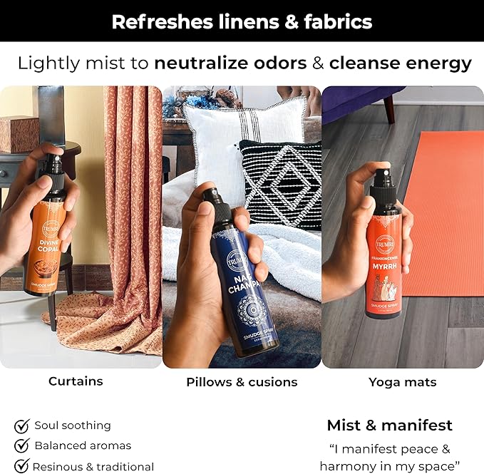 Set Of 3 Smudge Sprays Frankincense Myrrh|Nag Champa|Copal For Cleansing Negative Energy And Protection - Natural Room Sprays And Body Mists Made With Non Toxic Essential Oils