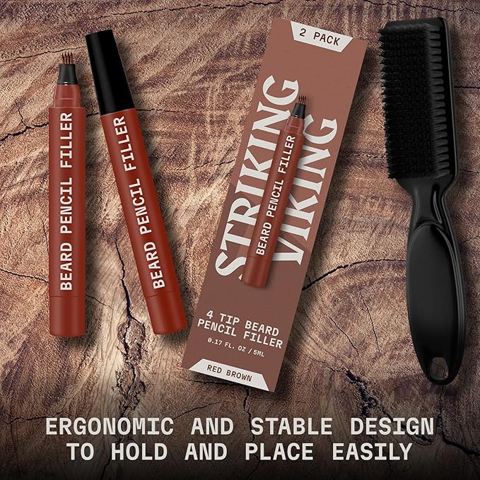 Striking Viking Beard Pencil Filler - Pack of 2, 0.09 fl oz, Red Brown - Precision Gap Filling & Beard Filler Pen - Waterproof, Long Lasting Wear - Quick & Easy Outline with Enhancement Pencil