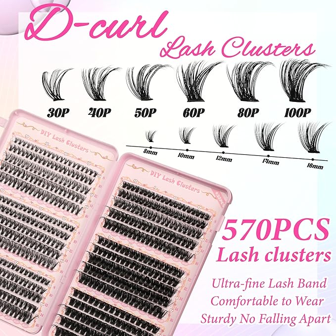 Gmagictobo Lash Clusters Fluffy DIY Lash Clusters Kit Volume Lash Extension Kit 570Pcs Individual Lashes Clusters Thin Band Eyelash Extension Kit Lash Bond and Seal Lash Tweezers