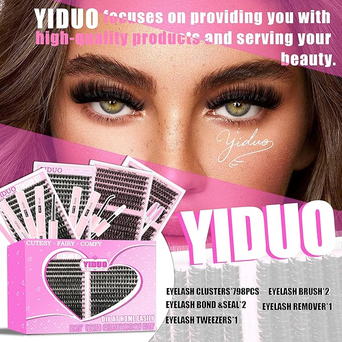 YIDUO 4 Styles Lash Clusters Kit 60D+80D+100D+150D Volume Clusters Lashes Extensions Kit with 2 Bond and Seal 10-18mm Wispy D Curly Full DIY Individual Eyelash Extensions Kit DIY at Home Easily