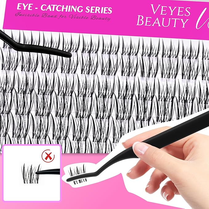 VEYESBEAUTY Flutter Lash Clusters Kit Individual Lash Extensions Eye-Catching Series DIY Dramatic Eyelash Wispy Faux Mink Lash Mixed Length Tray with Bond & Seal, Applicator at Home