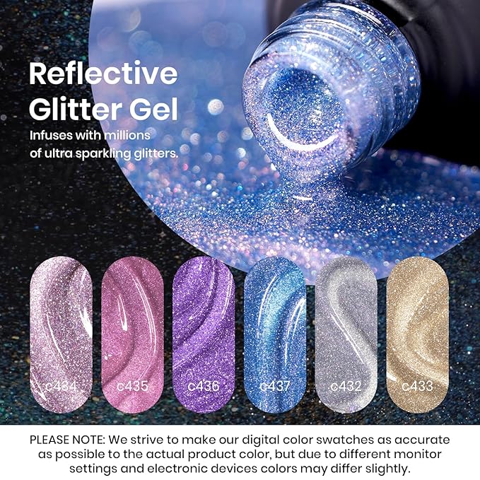 Beetles Reflective Glitter Gel Nail Polish Kit Winter Gel Polish 6 Colors Holographic Sparkle Flash Dimond Sliver Gold Soak Off UV LED Manicure Gift for Women Girls Midnight Sparkling