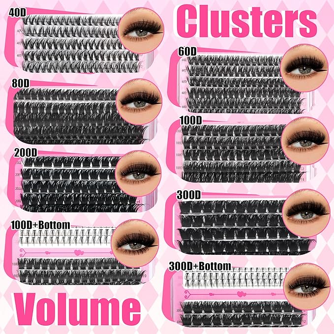 YIDUO 6 Styles Mix Lashes Clusters Kit 3 Box Cluster Lash Book Kit with 2X Bond&Seal 1520Pcs 100D/200D/300D Volume Individual Eyelash Extension Gift Packs for Beginners. DIY at Home Easily