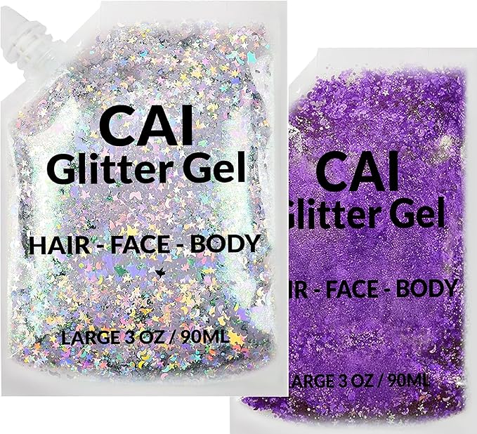 Face, Body & Hair Glitter Gel – Halloween Glitter for Kids and Women – 3 Oz Cosmetic-Grade Gel w/Moon & Stars for Festivals & Halloween Party, Easy Apply & Wash Off - Purple/Silver 2Pack