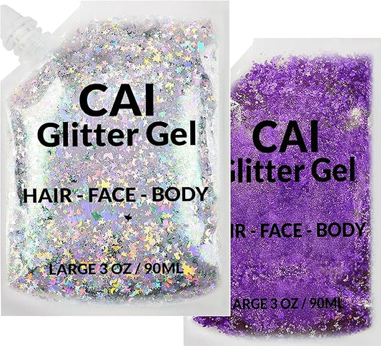 Face, Body & Hair Glitter Gel – Halloween Glitter for Kids and Women – 3 Oz Cosmetic-Grade Gel w/Moon & Stars for Festivals & Halloween Party, Easy Apply & Wash Off - Purple/Silver 2Pack