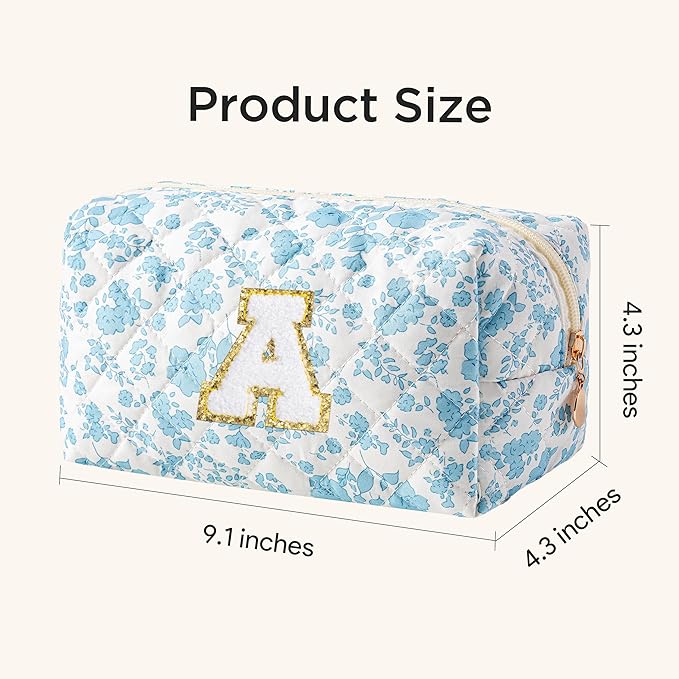 HBselect Initial Makeup Bag for Women, Quilted Cosmetic Travel Toiletry Bag, Flowers Zipper Make Up Pouch Organizer Teen Girl Gifts Trendy Stuff A