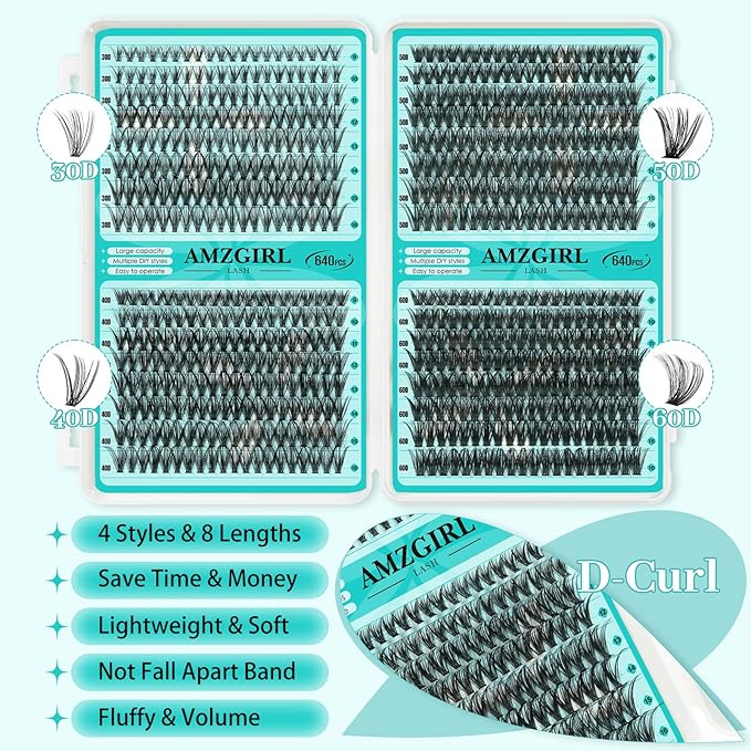 Lash Clusters Kit 640Pcs, 30D+40D+50D+60D Eyelash Extension Kit, Lash Bond and Seal Waterproof, Lash Remover, Lash Applicator Tool and Function Brush for DIY Lash Extension Kit(D-Mix9-16mm Kit)