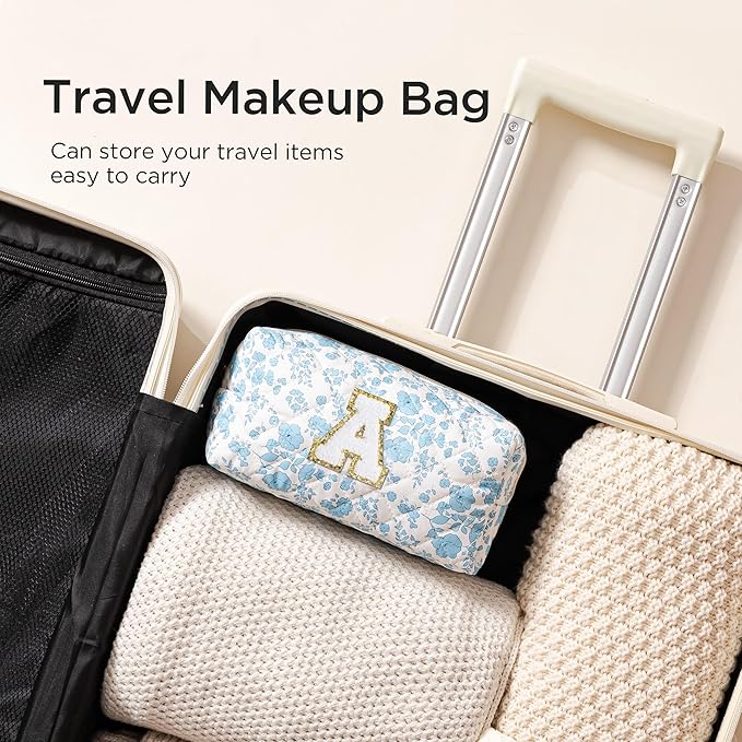 HBselect Initial Makeup Bag for Women, Quilted Cosmetic Travel Toiletry Bag, Flowers Zipper Make Up Pouch Organizer Teen Girl Gifts Trendy Stuff N