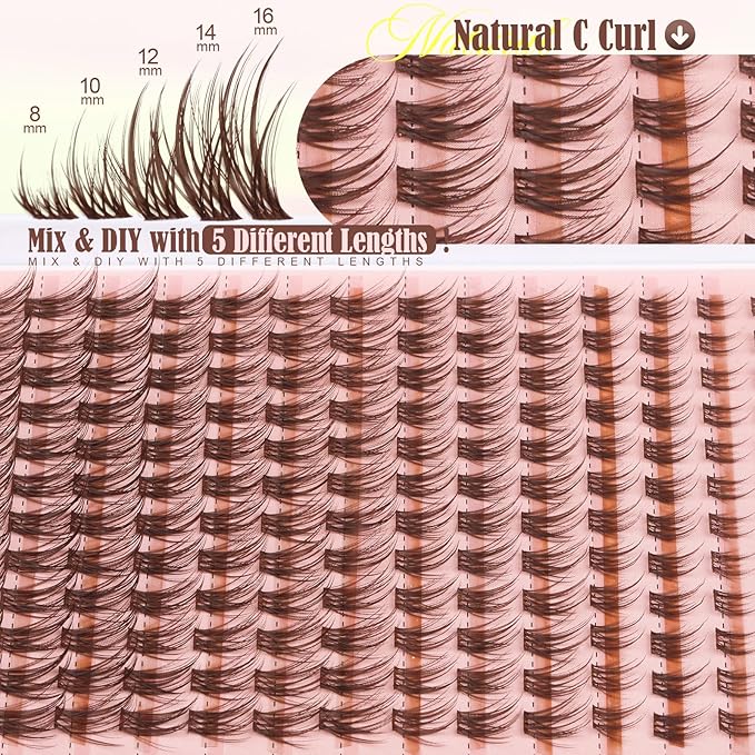 Brown Lash Clusters Wispy Eyelash Clusters Natural Brown Lashes 8-16mm Cluster Eyelash Extensions C Curl Individual Lashes DIY Lash Extension at Home by Yawamica