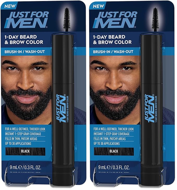 Just for Men Beard & Brow Color, Temporary Color, Black | Fuller Look | 1-Day | Pack of 2 | 30 Applications