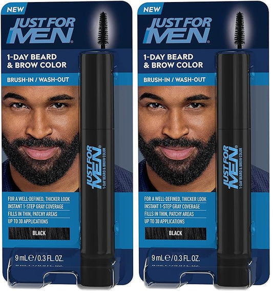Just for Men Beard & Brow Color, Temporary Color, Black | Fuller Look | 1-Day | Pack of 2 | 30 Applications