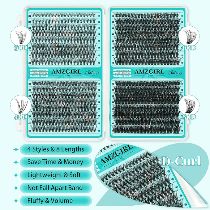 Lash Clusters Kit 640Pcs, 30D+40D+60D+80D Eyelash Extension Kit, Lash Bond and Seal Waterproof, Lash Remover, Lash Applicator Tool and Function Brush for DIY Lash Extension Kit(D-Mix9-16mm Kit)