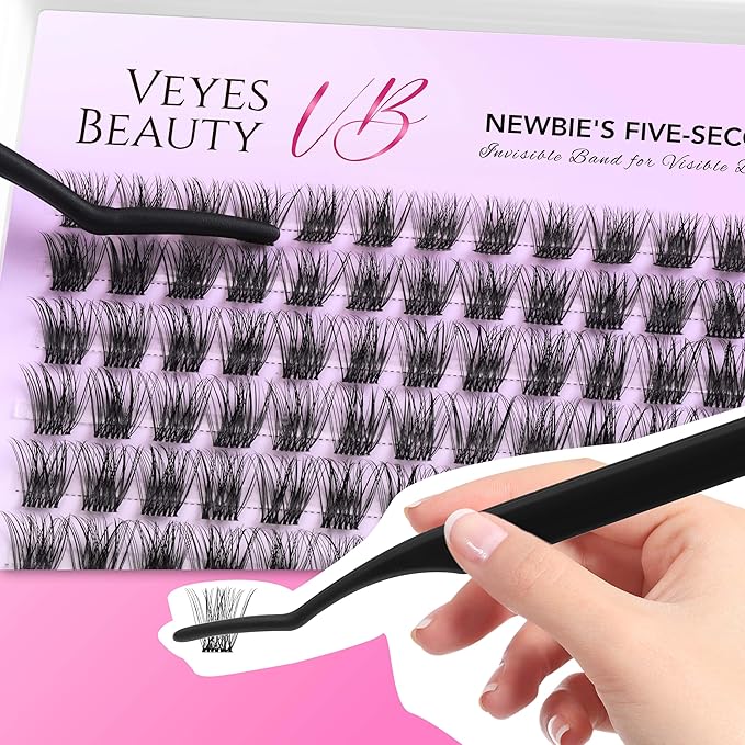 VEYESBEAUTY Lash Clusters Kit Individual Eyelash Extensions Thin & Invisible Band DIY False Eyelashes Newbie's Five-Second Series Wispy Lash Tray, Bomb KIT with Bond&Seal Remover Applicator