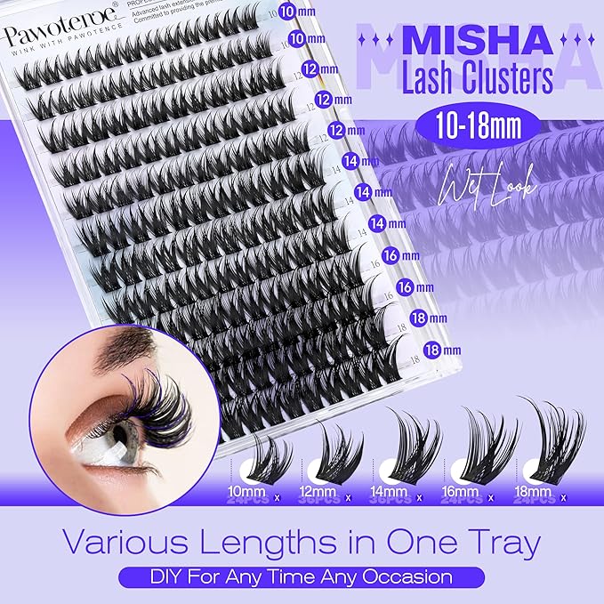Pawotence Misha Lashes Clusters Wispy Cluster Eyelash Extensions 144pcs Individual Lashes Wet Look 10-18mm Lash Extension DIY False Eyelashes Soft Comfortable Eyelash Clusters