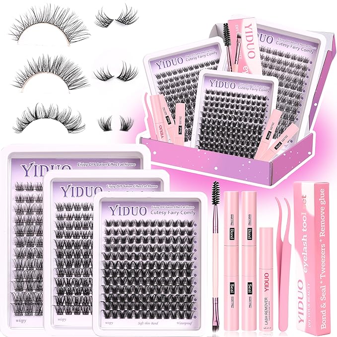 YlDUO Lashes Clusters Kit Natural Clusters Lash Extensions C/D Curl Wispy Individual Fake Eyelash, DIY Natural Extension Lash with Glue*2|Tweezers|Removers|Eyelash&Eyebrow Brush DIY at Home Easily