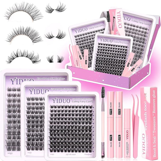 YlDUO Lashes Clusters Kit Natural Clusters Lash Extensions C/D Curl Wispy Individual Fake Eyelash, DIY Natural Extension Lash with Glue*2|Tweezers|Removers|Eyelash&Eyebrow Brush DIY at Home Easily