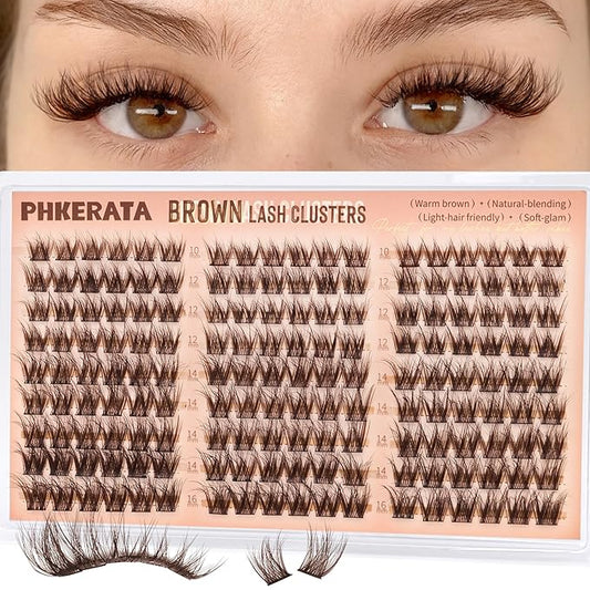 PHKERATA Brown Lash Clusters Wispy Cluster Eyelash Extensions Natural Eyelash Clusters 180Pcs Brown Lashes Clusters 10-16MM DIY Soft Individual Lashes C Curly Eyelash Extension