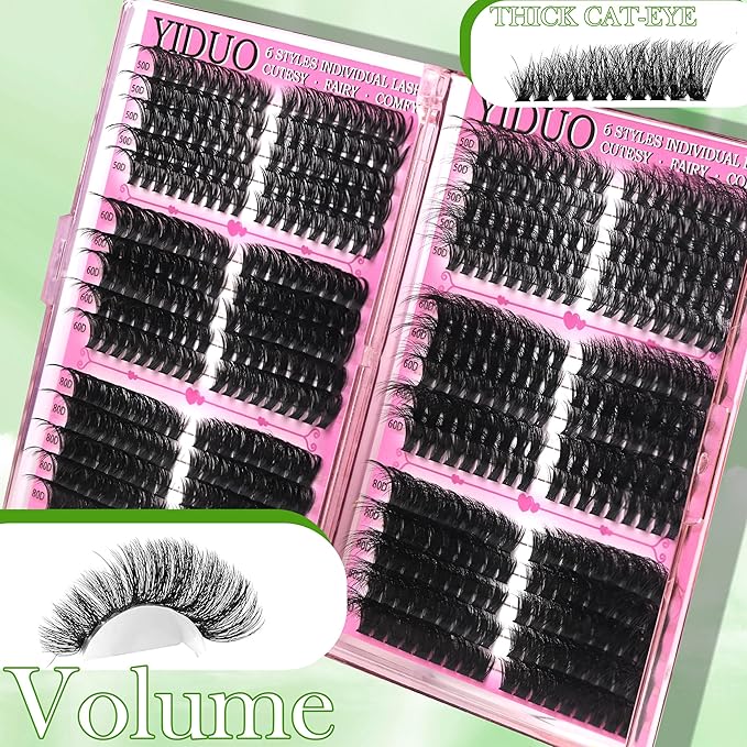 YIDUO 6 Box Mix Lashes Clusters Kit Gift Packs 1686Pcs with 2X Bond&Seal Volume Mega/Bottom Soft Extension False Eyelash D Curl Wispy Natural DIY Individual Fake Eyelashes for Beginners Bulk Pack