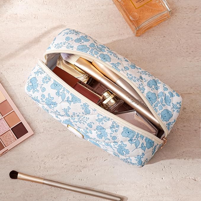 HBselect Initial Makeup Bag for Women, Quilted Cosmetic Travel Toiletry Bag, Flowers Zipper Make Up Pouch Organizer Teen Girl Gifts Trendy Stuff R