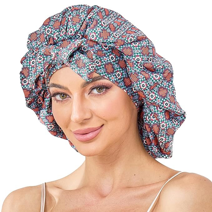 Silk Satin Bonnet for Sleeping Hair: Women Sleep Night Wrap Cap for Straight Wavy Curly Coily Kinky Natural Hair Head by Tie Band - Red & Green Crossed Flower + Pink