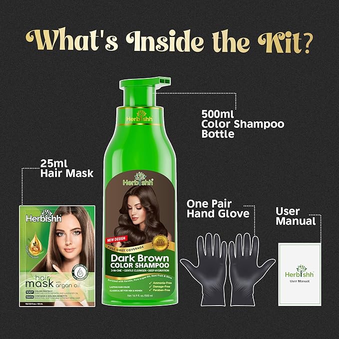 Herbishh Hair Color Shampoo - Magic Dye for Gray Hair, Lasting Color in Minutes - 500 Ml, 3-In-1, Ammonia-Free (Dark Brown)