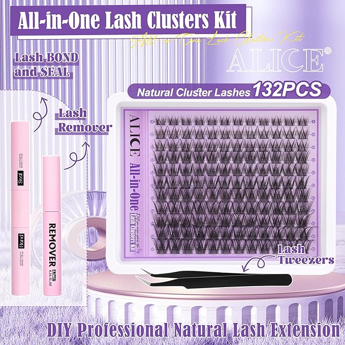 Wispy Lash Clusters Kit Natural Lash Extensions Kit DIY Cluster Eyelash Extensions C-Curly 8-16mm Individual Lashes Kit with Lash Remover Black Bond and Seal Soft Thin Band by ALICE