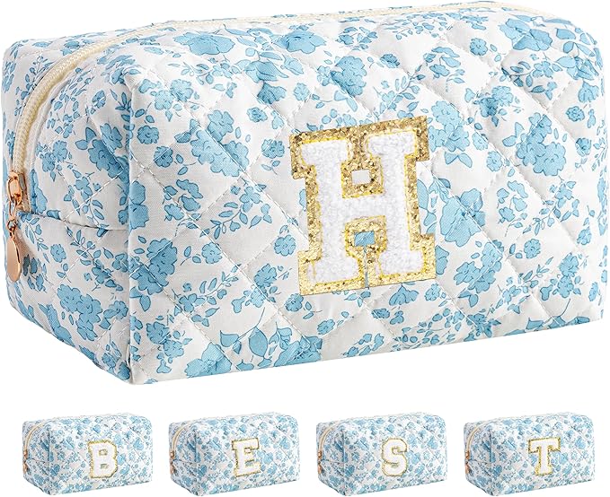 HBselect Initial Makeup Bag for Women, Quilted Cosmetic Travel Toiletry Bag, Flowers Zipper Make Up Pouch Organizer Teen Girl Gifts Trendy Stuff H