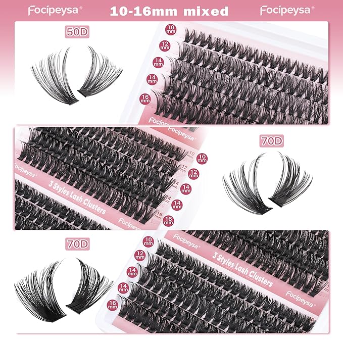 Focipeysa Eyelash Extension Kit 300pcs Lash Extensions 50D 70D 90D Eyelash Extension Full Volume Lash Clusters 10-16mm DIY Lash Extension with Waterproof Lash Bond and Seal for Makeup